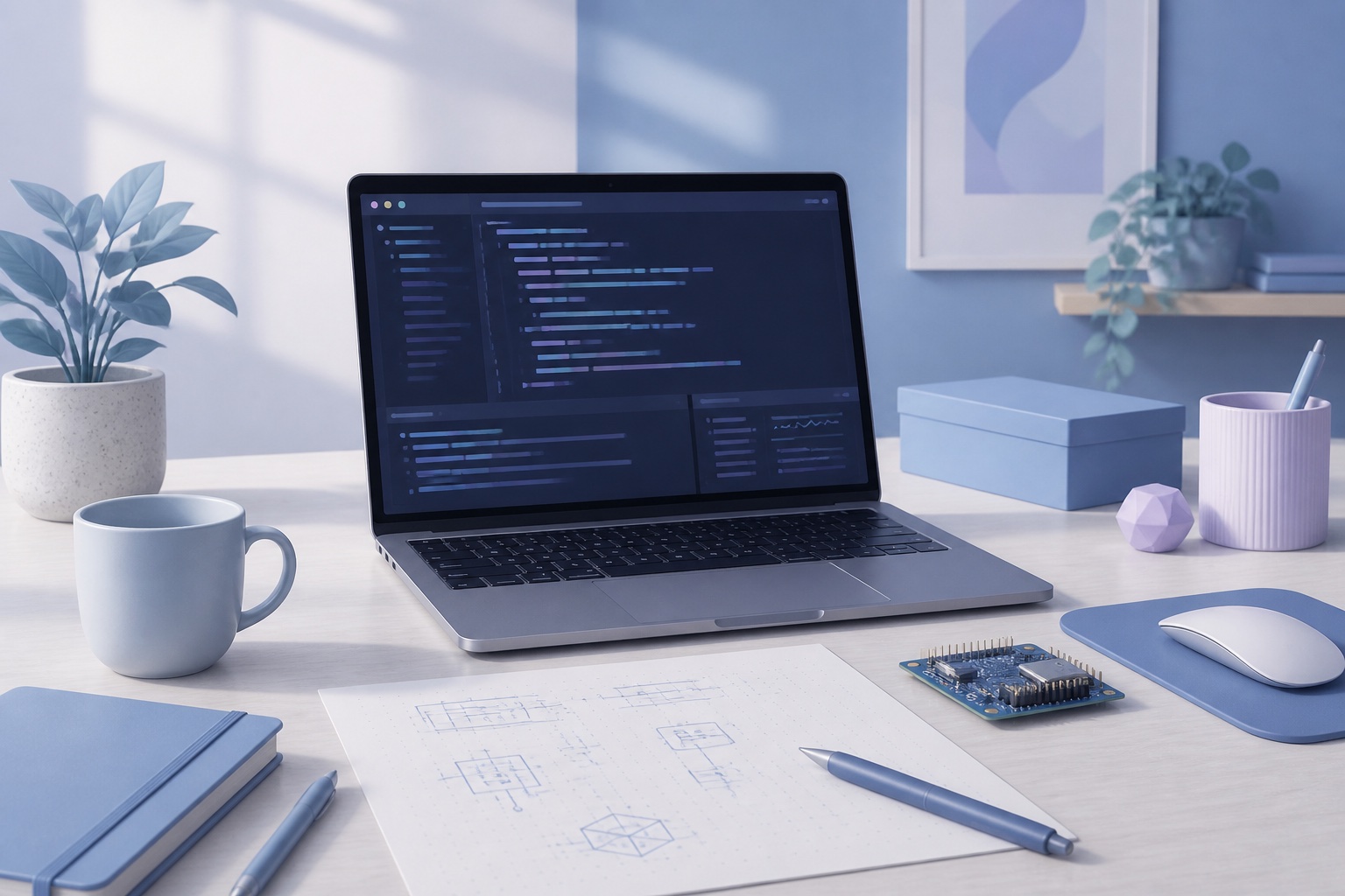 A pastel-blue software engineering workspace with code, circuit hardware, and technical sketches